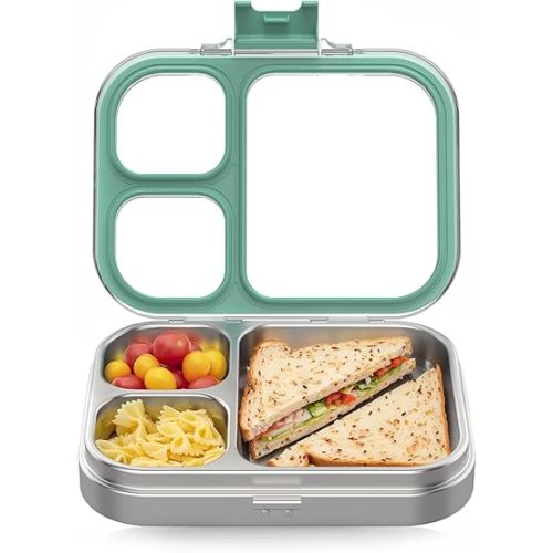 HOMEKOL Stainless Steel Bento Lunch Box, 3-Compartment Leak-Proof Lunch Container for Kids & Adults, BPA/BPS-Free 304 Metal Food Box, Dishwasher Safe, Clear Tritan Lid, Green (Not Insulated)