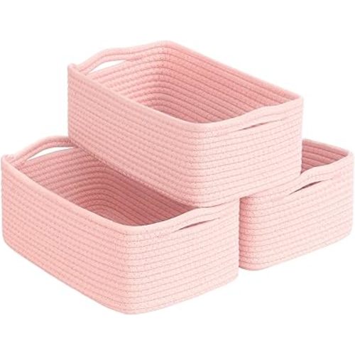 Goodpick Baskets for Organizing, Cube Storage Bin for Decor, 11 x 7 x 4.5 in, Wicker Basket for Organization, Storage Basket for Nursery Organization 3 Pack, Pink