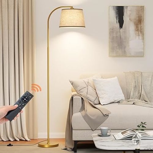 Arc Floor Lamps for Living Room, Modern Floor Lamp with Remote Control and Stepless Dimmable 9W Bulb Included, Gold Tall Standing Lamp with Adjustable Linen Shade for Bedroom Office