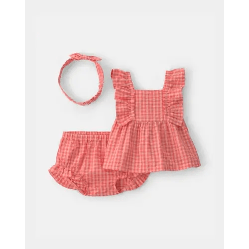 Baby Girl 3-Piece Gingham Top & Short Set - Coral | Carter's