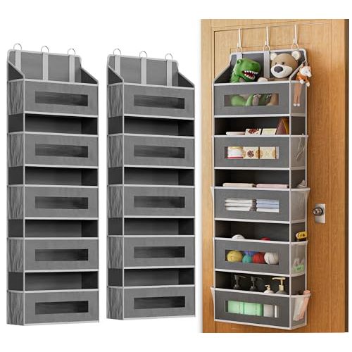 2 Pack 5 Tier Over The Door Organizer - Large Capacity Behind Door Hanging Shelves with 10 Mesh Pockets and Clear Windows, Closet Organizers and Storage for Bathroom, Bedroom, Nursery, Grey