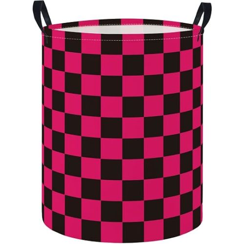 Baby Laundry Hamper Basket Baby Hamper for Nursery Boy and Girl Cute Storage Bin Organizer Boho Room Decor(Pink Black Checkered)