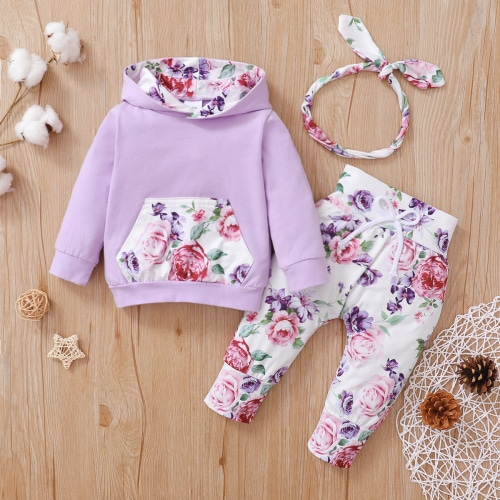 PatPat Baby Clothes for Girls Long-sleeve Floral Hoodie Pants and Headband Set,3-6 Months