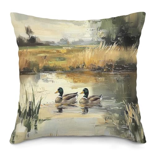 LLOKARNORA Vintage Mallard Duck Throw Pillow Covers, Duck Nursery Decor, Farmhouse Mallard Pillow Case Cover for Sofa Bed, Rustic Cottagecore Duck Cushion Cover Case for Bedroom Cabin, 18x18 Inch