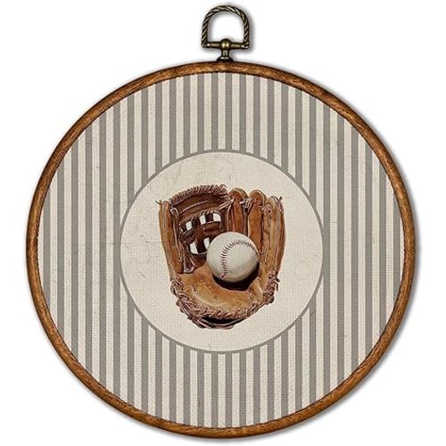 KSDUT Vintage Baseball Wall Art Decor - Retro Sports Trendy Wall Art Canvas Frame Hanging Prints, Nursery Sports Gallery Round Wall Art Decor for Boys Room Home Decorations 10"x10"
