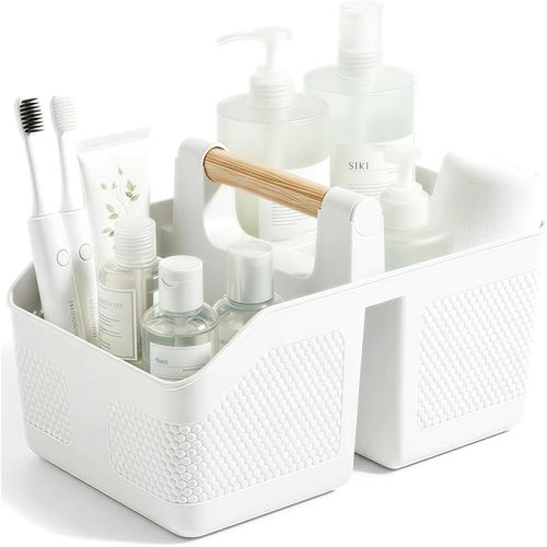 rejomiik Shower Caddy Portable with Bamboo Handle, Plastic Basket Cleaning Caddy Organizer Storage Tote for Bathroom, College, Dorm Room Essentials, White
