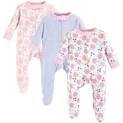 Touched by Nature Baby Girl Organic Cotton Zipper Sleep and Play 3pk, Pink Rose, 0-3 Months