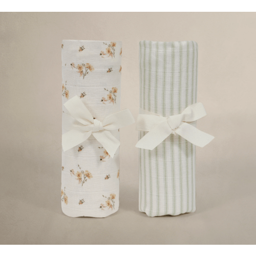 Oilo Dainty Floral & Sea Moss Sage Green Stripe Muslin Swaddle Blanket Set
