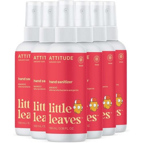 ATTITUDE Hand Sanitizer Spray for Kids & Adults, EWG Verified, Travel Size, Dermatologically Tested, Plant and Mineral Based, Vegan, Mango, 3.5 Fl Oz (Spray Bottle)