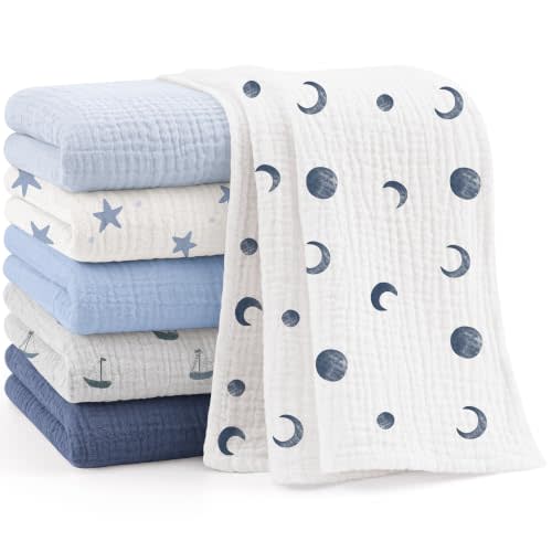 Bearmoss 6 Pack Muslin Burp Cloths for Baby, 100% Cotton Soft Large Burping Cloths for Unisex, Boy, Girl, 23.6" X 23.6" Newborn Essentials Absorbent Milk Spit Up Rags (Blue)