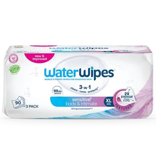 WaterWipes Sensitive+ Body & Intimate, 3-In-1 Cleans, Cares, Protects, 99.9% Water Unscented