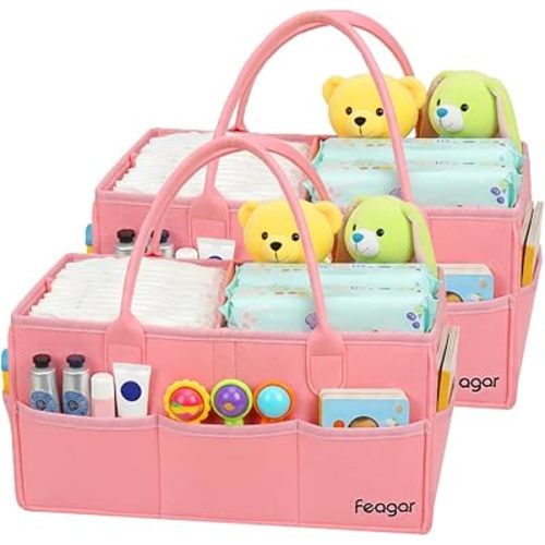 Feagar Baby Diaper Caddy Organizer, 15 Inch Large 2 Pack Set with 8 Pockets & 2 Dividers, Portable Nursery Storage Basket & Car Organizer for Changing Table, Travel (Pink)