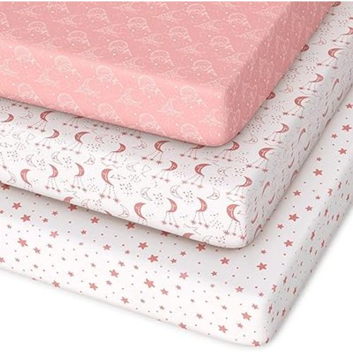 Unnivoll Pack and Play Sheets Fitted 3 Pack, Mini Crib Sheets for Pack N Play Mattress Stretchy Portable Playard Sheets, Soft Breathable Pink White Moon