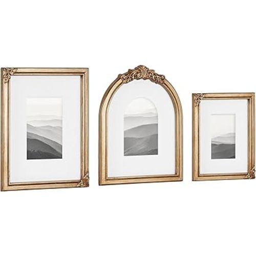 Kate and Laurel Arendahl Three-Piece Picture Frame Set, Antique Gold, Set of 3, Varying Sizes, Vintage Rectangle and Arched Photo Frame Set for Use as Gallery Wall Frames