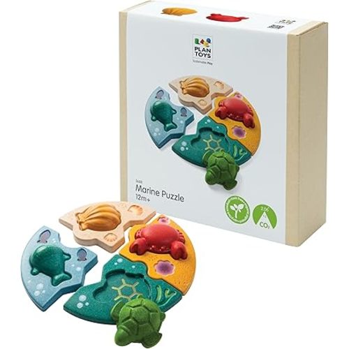 PlanToys® Marine Puzzle Wooden Montessori Ocean Animal Problem Solving Toy | Tactile, Imagination and Early Learning Activity | Eco Friendly Educational Sea Life Puzzle Set