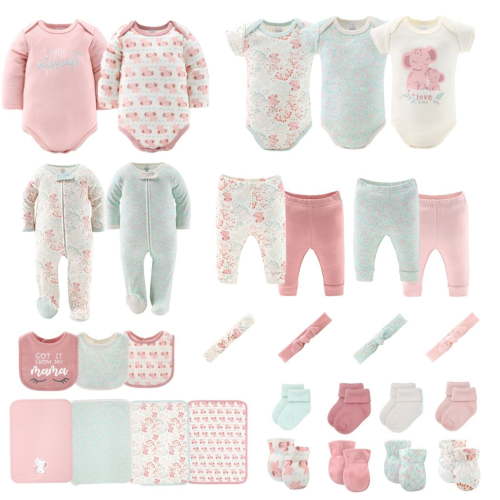 The Peanutshell Newborn Baby Shower Essentials, Pink Floral Elephant Layette Gift Set, 30-Piece Bundle, 0-3 Months