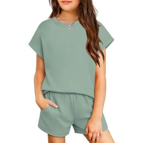 Arshiner Girls Summer 2 Piece Outfits Short Sleeve T Shirts Top and Shorts Clothing Sets with Pockets
