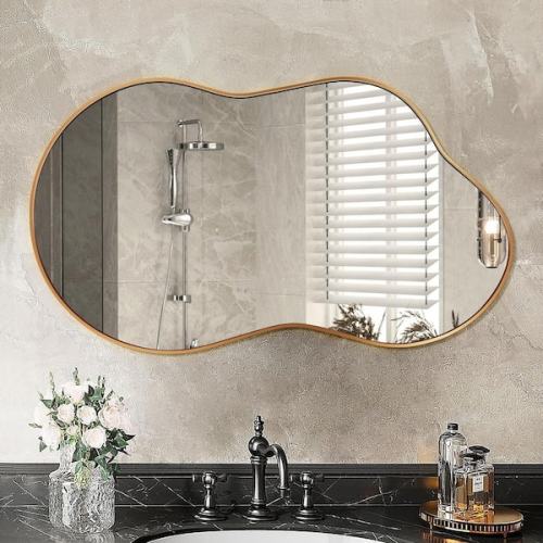 46 in. W x 26 in. H Irregular Gold Aluminum Alloy Framed Wall Mirror Asymmetrical Wall Mirror