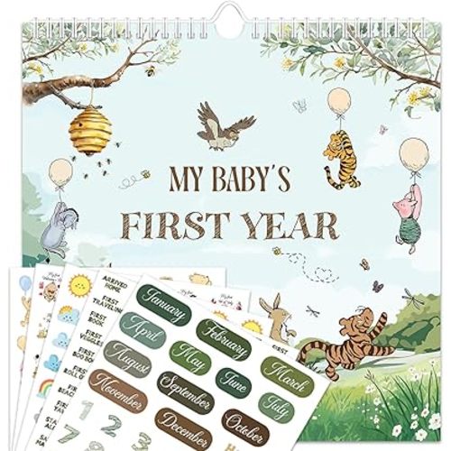 Baby's First Year Calendar with Stickers, Winnie Baby 1st Year Milestone, Baby's First-Year Tracker, Pooh Wall-Calendar Keepsake Suit for Newborn Ultrasound Photo Baby Shower Guest Signatures