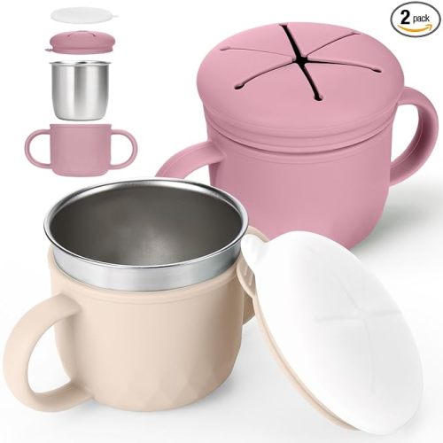 Mity rain 2-Pack Stainless Steel Snack Containers, 4-in-1 Spill proof Snack Cups With Silicone Lid and Handle, Dishwasher Safe Travel Snack Containers for Kids and Infants ((Pink + Yellow)
