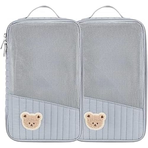 MOMIGO Baby Diaper Bag Organizer Pouches - 2 Pack Waterproof Pod Hanging Diaper Bag Cute Rabbit Bear Mesh Bag Reusable, Washable or Baby Cloth Diapers (Blue)