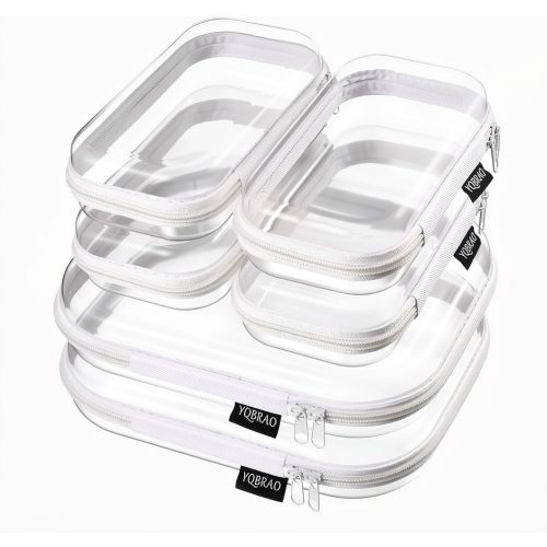 YQBRAO 6 Pack Clear Hard Shell Beauty Organizer (2M+4S), 1.2mm Crush-Proof Cosmetic Case, Reinforced YKK Zippers, Stadium Approved Security Bag for Skincare, Toiletries & Electronics, Multi-Size Set