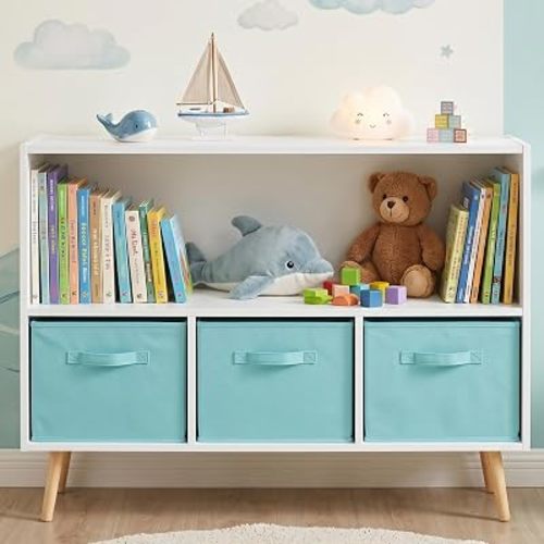 2 Tier Wooden Kids Bookshelf and Toy Storages with 3 Fabric Drawers, Blue