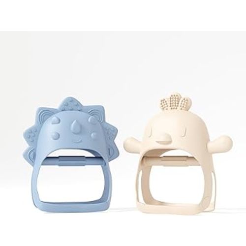 Baby Teether Pack of 2 Wearable Teether Toy Hand Teether - Little Chick and Mini Dino - Blue Baby Toy and Beige Baby Toys by Muqee Peeko Silicone Baby Teether