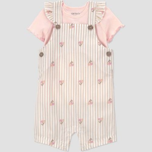 Carter's Just One You® Baby Girls' 2pc Striped Floral Overalls Set - Pink 3M