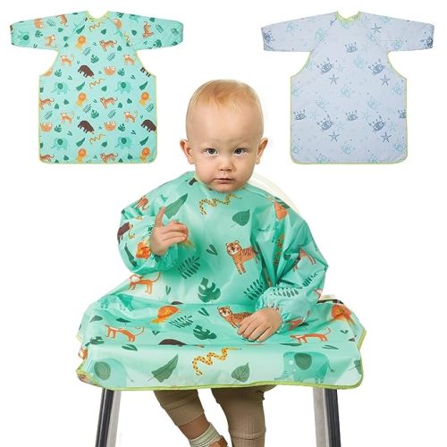 Lictin Coverall Baby Feeding Bibs - 2-Pack Long Sleeve Baby Bibs for Eating, Waterproof Bib Attaches and Fully Cover to Baby Highchair and Table, Adjustable Weaning Bibs, High Chair Food Catcher