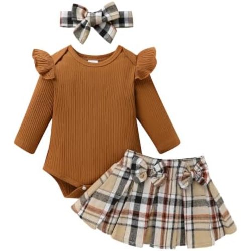 YOUNGER TREE Baby Girls Solid Romper Plaid Skirt Set with Bow & Headband