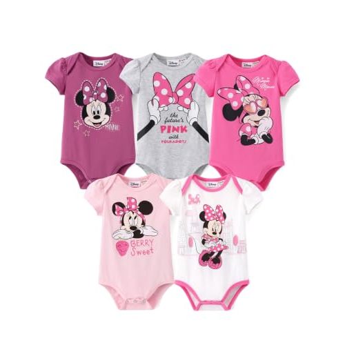 Disney Marvrl Princess Stitch Minnie Baby Girls Clothes, 5 Pack Short-Sleeve Bodysuits, Newborn to Infant Outfit, 0-18 Months