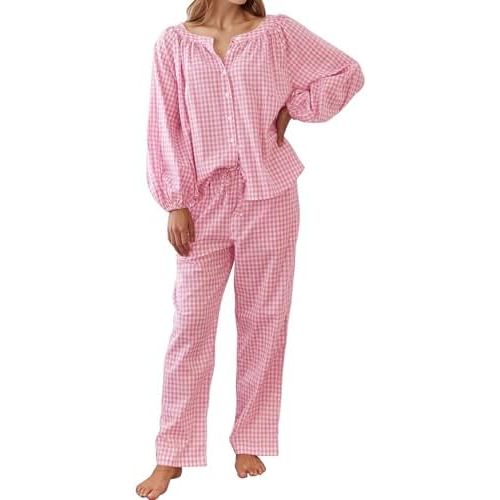 Flygo Womens Gingham Pajama Set 2 Piece Cotton Plaid Raglan Sleeve Button Top Straight Leg Pants Pjs Y2K Lounge Set Sleepwear