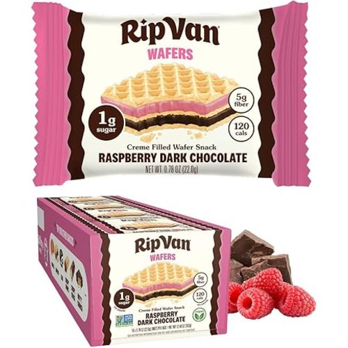 Rip Van Raspberry & Dark Chocolate Wafer Cookies - Healthy Snacks - Non GMO Keto Cookies - Keto Snacks - Low Carb, Low Sugar (1g), Low Calorie and Vegan Snack - 16 Count