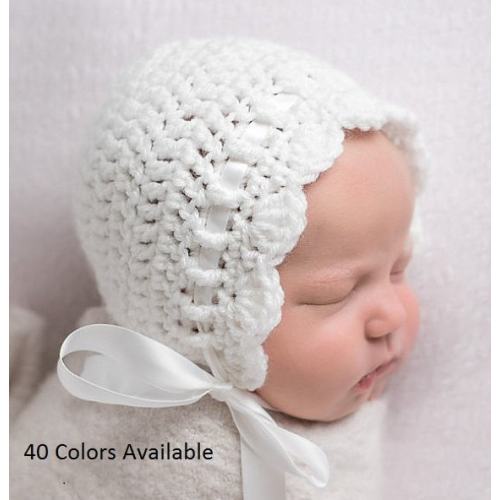 Crochet Baby Bonnet - Acrylic Knit Newborn Hat with Ribbon