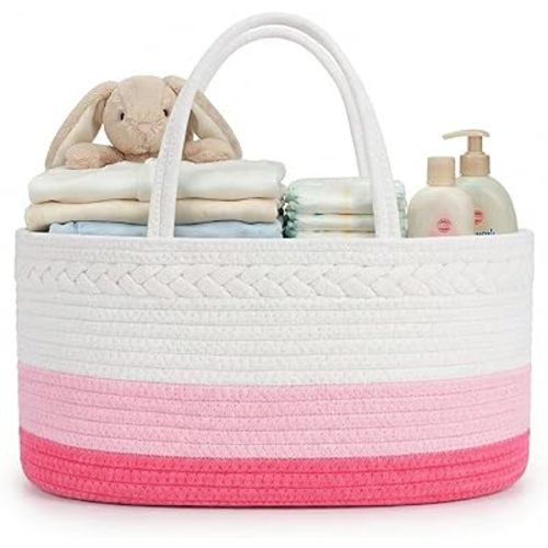 Diaper Caddy Organizer, Large Cotton Rope Nursery Baby Basket, Changing Table Organizer for Baby Diaper Storage, Portable Car Organizer Removable Divider (Pink, Extra Large)