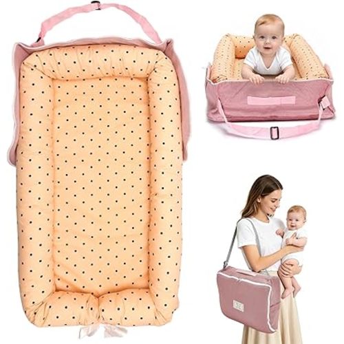 Baby Lounger for Newborns 0–24 Months,100% Cotton Breathable Baby Play Mat, Portable Infant Lounger for Home and Travel(Dotty Blush)