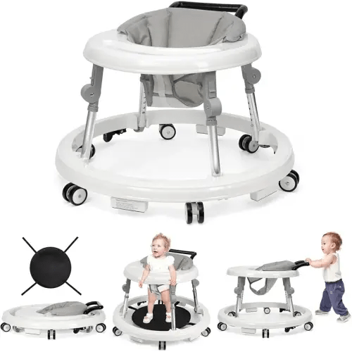 Baby Walker Foldable with 9 Adjustable Heights, Baby Walker with Wheels Portable, Infant Toddler Walker for Baby Boy Girls 6-18 Months (White)