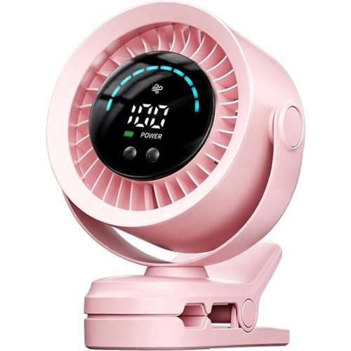 Portable Clip on Fan, Rechargeable USB Desk Fan with Turbo Airflow, 100 Speeds LED Display, 360° Rotation, Small Quiet Battery Powered Fan for Stroller Outdoor Travel Camping Golf Cart, Pink