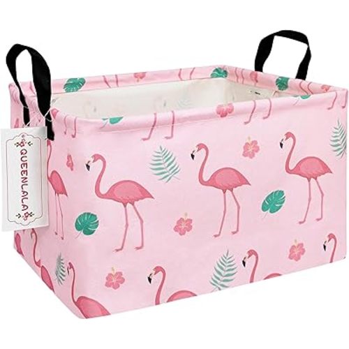 QUEENLALA Rectangular Laundry Hamper/Foldable Nursery Laundry Basket for Organizing/Storage Bin Baskets/Children Toy Office Bedroom/Toy Bin Closet Shelf Baskets（Rec-Pink Flamingo）