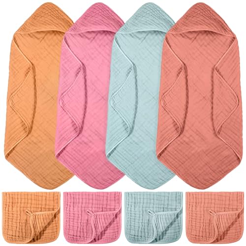 VitalCozy 8 Pcs Baby Muslin Hooded Bath Towels and Washcloths Muslin Cotton Hooded Baby Towels Absorbent Blankets for Gift Newborn Infant Shower (32 x 32 Inch,Classical Color)