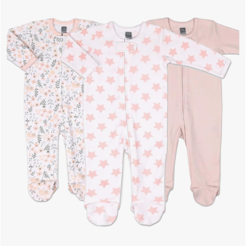 The Peanutshell Baby Sleepers for Girls Set of 3 - Soft Cotton Footed Pajamas for Newborns, Infants & Toddlers - Flower