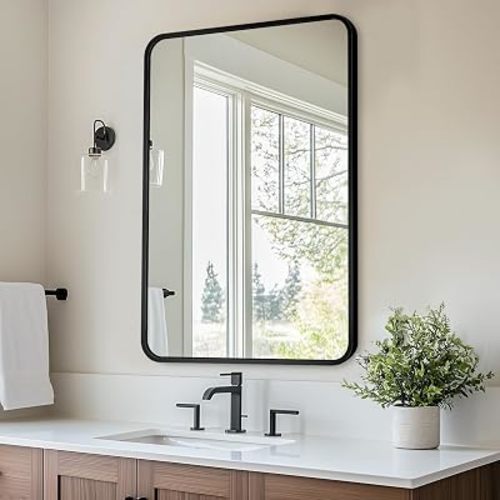 Antok 22x30 Black Metal Framed Bathroom Mirror, Wall Mirror with Round Corners, Vanity Mirror for Over Sink, Anti-Rust Tempered Glass, Horizontal/Vertical Hanging for Bathroom, Living Room, Entryway