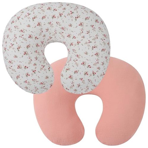 Onacosht Muslin Nursing Pillow Cover 2 Pack 100% Cotton Ultra Soft Breastfeeding Pillow Covers for Baby Boy and Girl, Pink and Floral