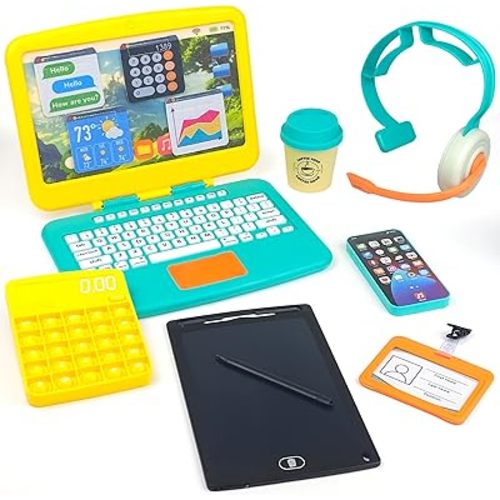 Pretend Play Home Office Set for Kids Ages 3-5-7 | Features Toy Laptop Computer, LCD Writing Tablet, Pop Fidget Calculator, Cell Phone, Headset & Toddlers Beverage Cup