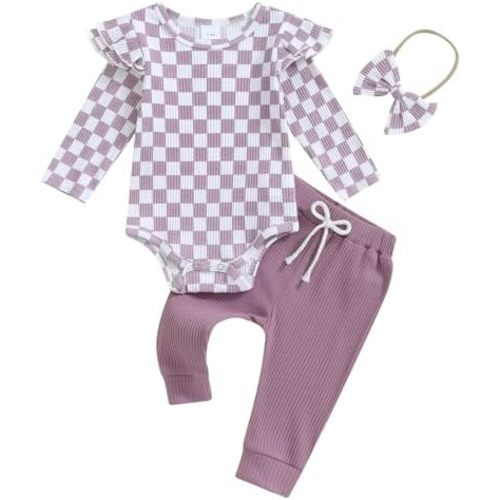 Hnyenmcko Newborn Baby Girl Fall Outfits Rib Frill Long Sleeve Ruffled Romper Solid Pants Headband Set 3Pcs Winter Clothes