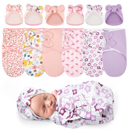 Ramede 6 Pack Preemie Swaddle Blanket with Hats Sleep Swaddle for Baby Boy Girl Preemie Newborn Sacks Soft Cotton Wearable (Bow,Pink)