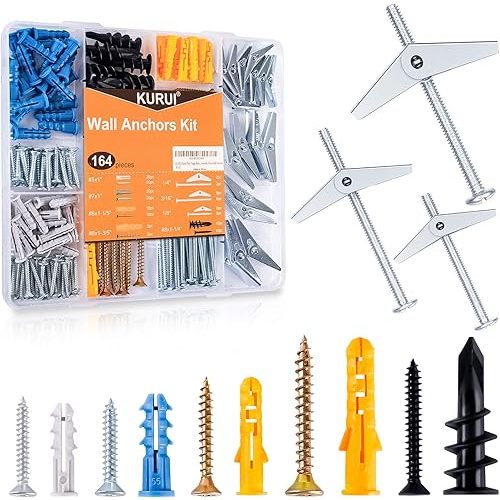 KURUI Drywall Anchors Assortment Kit With Self Drilling Wall Anchors and Heavy Duty Toggle Bolts, Metal/Plastic Dry Wall Anchors for Hanging Picture Art, 164Pcs Butterfly Anchor and Screws for Ceiling