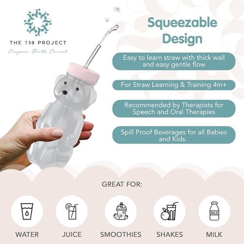 Honey Bear Straw Cup for Babies, 8-oz Honey Bear Cup with Lid, 3-Pack Therapy Learning Honeybear Straw, Baby Bottle Set, Cherry Blossom PINK