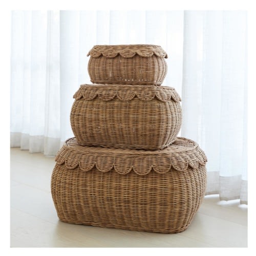 Scalloped Rattan Basket Set Of 3 - Hand-Woven & Award-Winning - 22 x 16 x 10 In - Wicker Storage Baskets